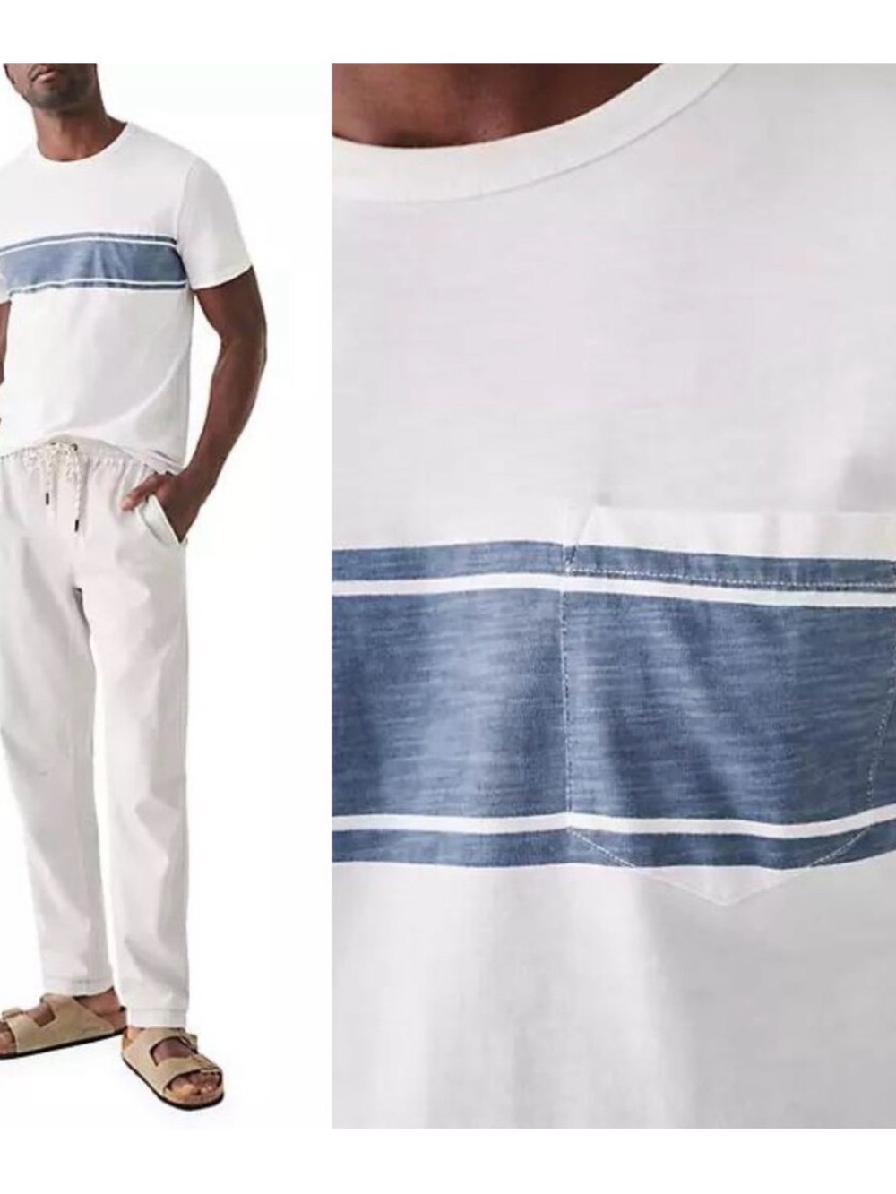 Faherty White Surf Sunwashed Stripe Pocket T-Shirt - XL